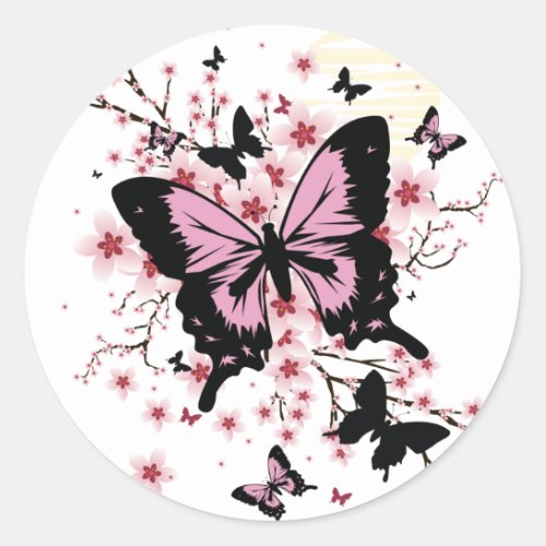 Cherry Blossom Butterflies  Classic Round Sticker