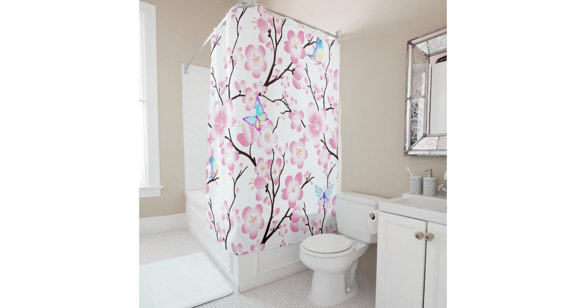 cherry blossom butterflies iridescent elegant pink shower curtain Zazzle