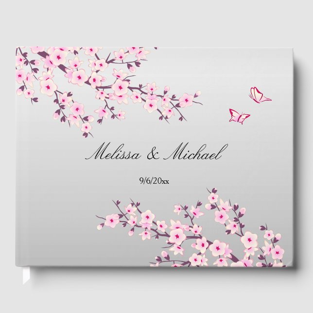 Cherry Blossom Butterflies Pink Gray | Wedding Guest Book (Front)