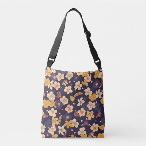 Cherry Blossom Butterfly Asian Print Crossbody Bag