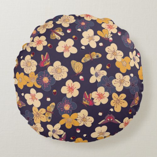 Cherry Blossom Butterfly Asian Print Round Pillow