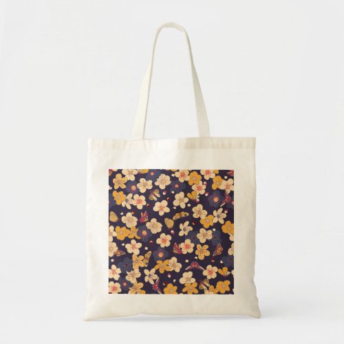 Cherry Blossom Butterfly Asian Print Tote Bag