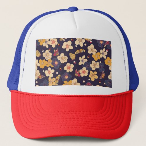 Cherry Blossom Butterfly Asian Print Trucker Hat