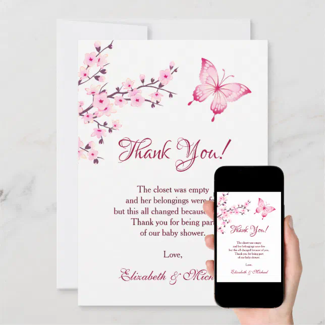 Cherry Blossom Butterfly Baby Shower Thank You Invitation Zazzle