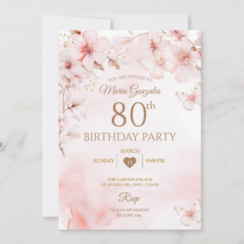 Cherry Blossom Butterfly Floral 80th Birthday  Invitation