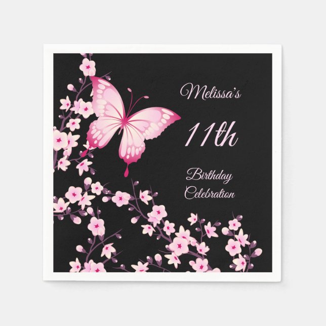 Cherry Blossom Butterfly Pink Black Birthday Napkins (Front)