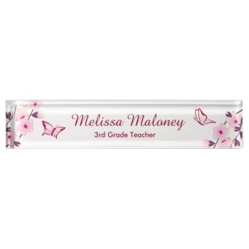 Cherry Blossom Butterfly Pink White Teachers Name Plate by NinaBaydur at Zazzle