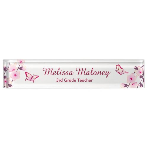Cherry Blossom Butterfly Pink White Teachers Name Plate