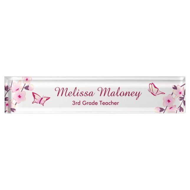 Cherry Blossom Butterfly Pink White Teachers Name Plate (Front)