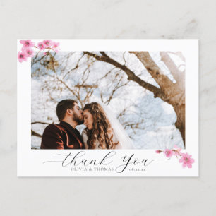 Cherry Blossom Calligraphy Wedding Photo Thank You Postcard