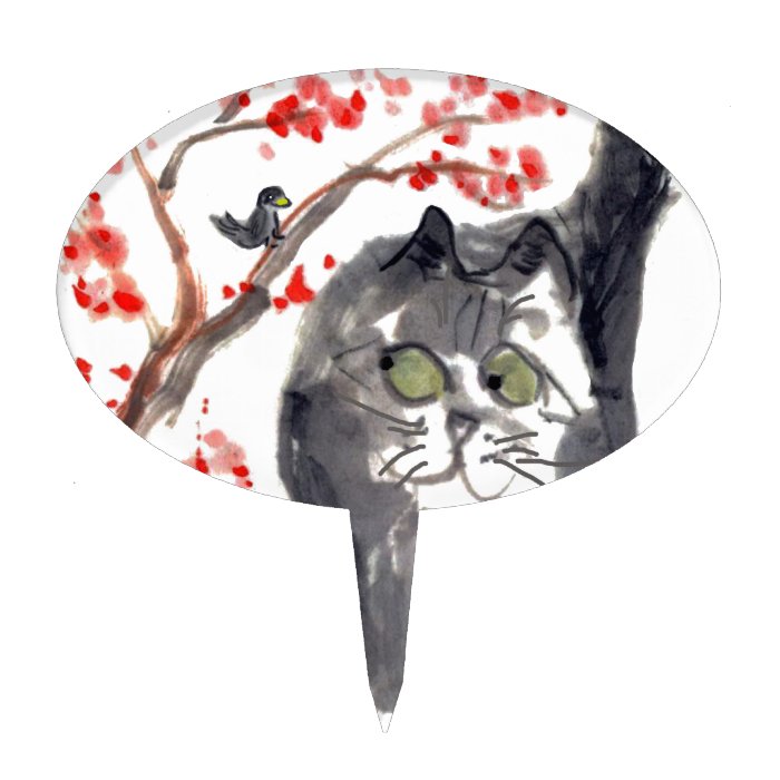 Cherry Blossom Cat and Bird Cake Toppers