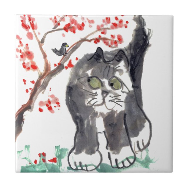 Cherry Blossom Cat and Bird Ceramic Tile (Front)