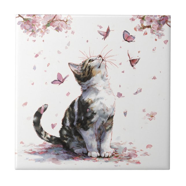 Cherry Blossom Cat and Butterflies (10) Ceramic Tile (Front)