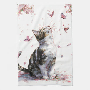 Cherry Blossom Cat and Butterflies (10) Kitchen Towel
