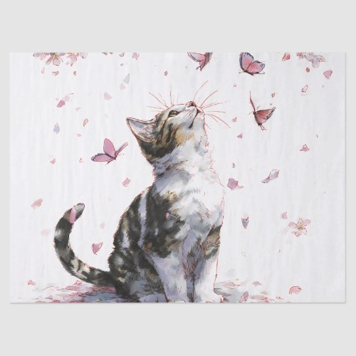 Cherry Blossom Cat and Butterflies (10) Tissue Paper