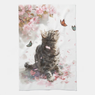 Cherry Blossom Cat and Butterflies (11) Kitchen Towel