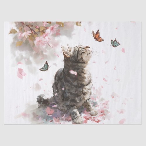 Cherry Blossom Cat and Butterflies (11) Tissue Paper
