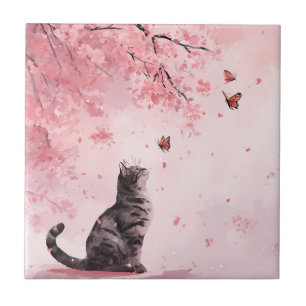 Cherry Blossom Cat and Butterflies (12) Ceramic Tile