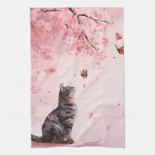 Cherry Blossom Cat and Butterflies (12) Kitchen Towel