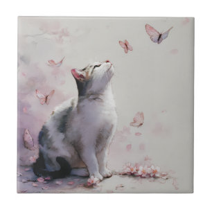 Cherry Blossom Cat and Butterflies (13) Ceramic Tile
