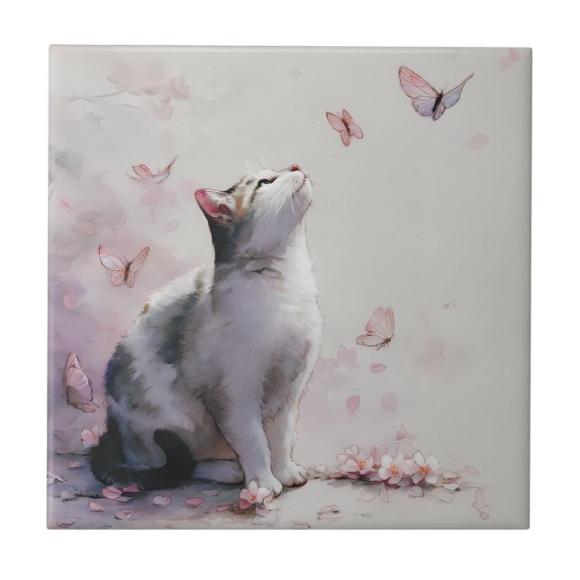 Cherry Blossom Cat and Butterflies (13) Ceramic Tile (Front)