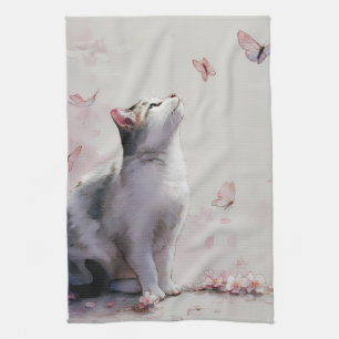 Cherry Blossom Cat and Butterflies (13) Kitchen Towel