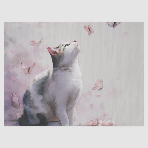 Cherry Blossom Cat and Butterflies (13) Tissue Paper