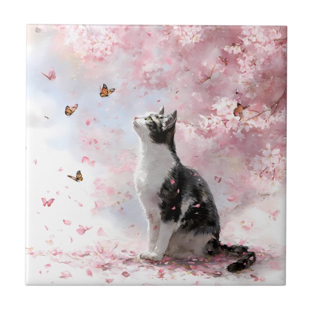 Cherry Blossom Cat and Butterflies (1) Ceramic Tile (Front)