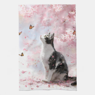 Cherry Blossom Cat and Butterflies (1) Kitchen Towel