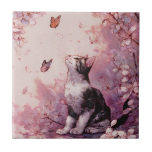Cherry Blossom Cat and Butterflies (2) Ceramic Tile