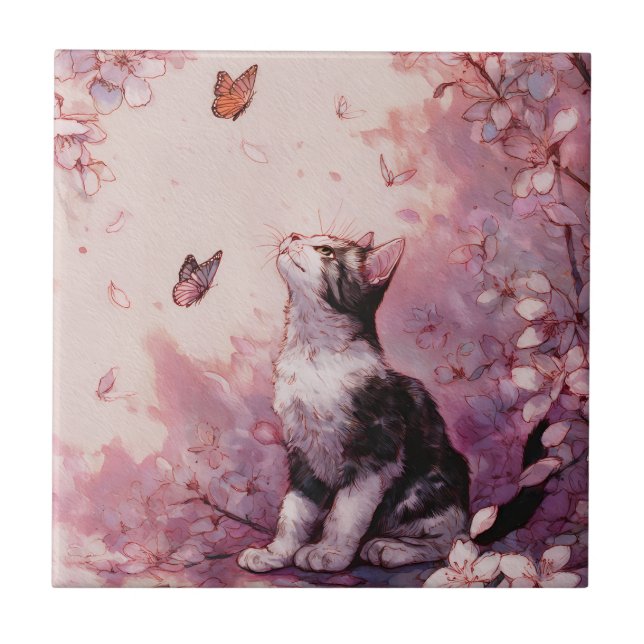 Cherry Blossom Cat and Butterflies (2) Ceramic Tile (Front)