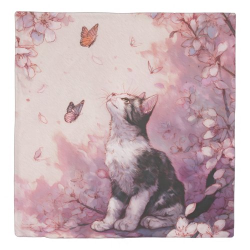 Cherry Blossom Cat and Butterflies (2) Duvet Cover