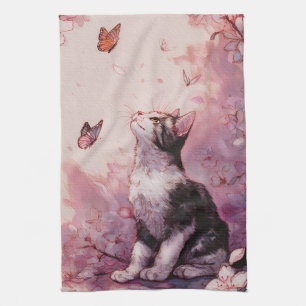 Cherry Blossom Cat and Butterflies (2) Kitchen Towel