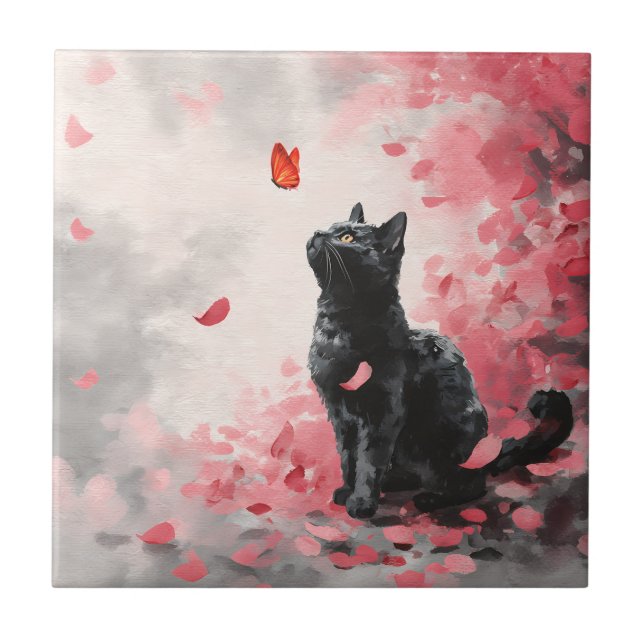 Cherry Blossom Cat and Butterflies (3) Ceramic Tile (Front)