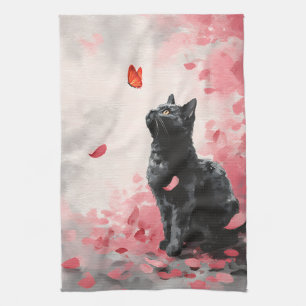 Cherry Blossom Cat and Butterflies (3) Kitchen Towel