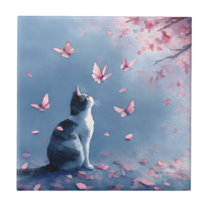Cherry Blossom Cat and Butterflies (4) Ceramic Tile