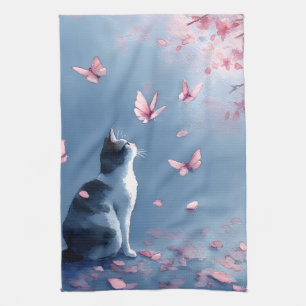 Cherry Blossom Cat and Butterflies (4) Kitchen Towel