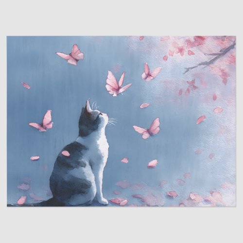 Cherry Blossom Cat and Butterflies (4) Tissue Paper