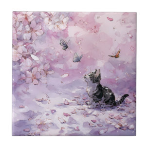 Cherry Blossom Cat and Butterflies (5) Ceramic Tile
