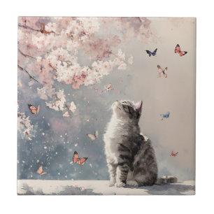 Cherry Blossom Cat and Butterflies (6) Ceramic Tile