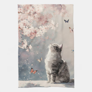 Cherry Blossom Cat and Butterflies (6) Kitchen Towel