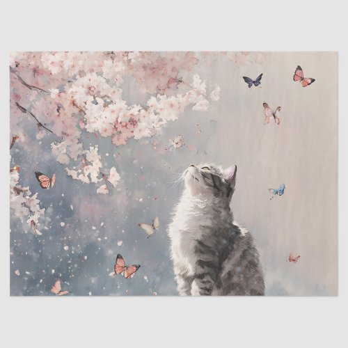 Cherry Blossom Cat and Butterflies (6) Tissue Paper