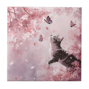 Cherry Blossom Cat and Butterflies (7) Ceramic Tile