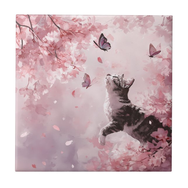 Cherry Blossom Cat and Butterflies (7) Ceramic Tile (Front)