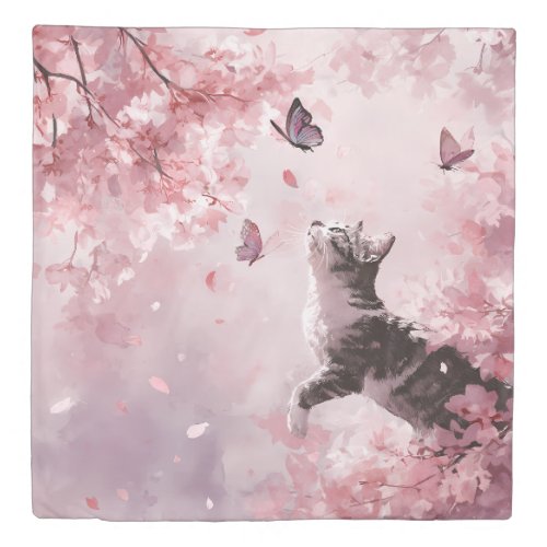 Cherry Blossom Cat and Butterflies (7) Duvet Cover