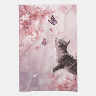 Cherry Blossom Cat and Butterflies (7) Kitchen Towel