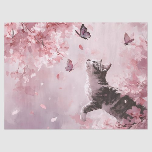 Cherry Blossom Cat and Butterflies (7) Tissue Paper