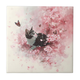 Cherry Blossom Cat and Butterflies (8) Ceramic Tile