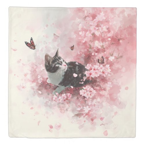 Cherry Blossom Cat and Butterflies (8) Duvet Cover
