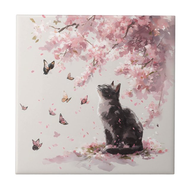 Cherry Blossom Cat and Butterflies (9) Ceramic Tile (Front)
